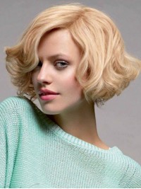 Blonde Short Wavy Capless Remy Human Hair Wigs With Side Bangs 10 Inches