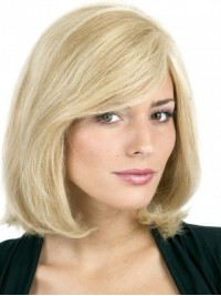 Blonde Bob Style Short Straight Capless Human Hair Wigs With Side Bangs 12 Inches