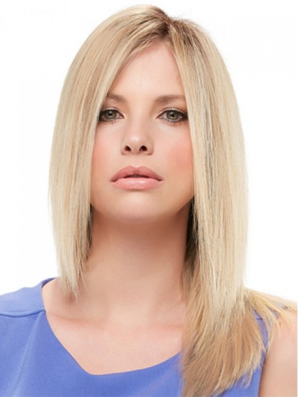 Blonde Long Straight Full Lace Human Hair Wigs With Side Bangs 16 Inches