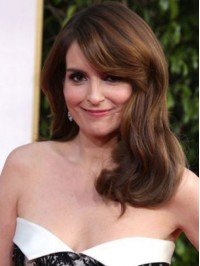 Tina Fey Long Wavy Capless Remy Human Hair Wigs With Side Bangs 18 Inches