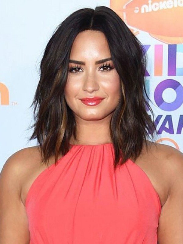 Demi Lovato Medium Central Parting Wavy Capless Remy Human Hair Wigs 12 Inches