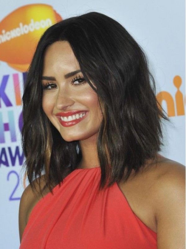 Demi Lovato Medium Central Parting Wavy Capless Remy Human Hair Wigs 12 Inches