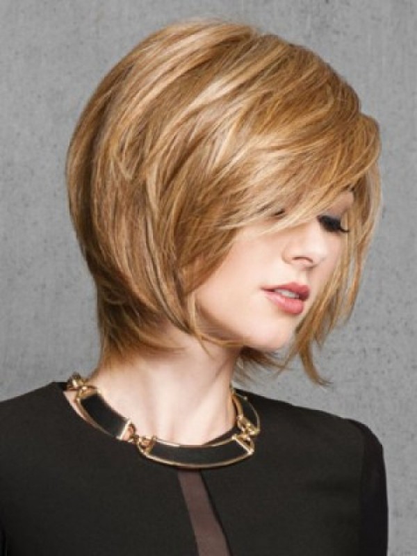 Blonde Layered Straight Short Remy Human Hair Capless Wigs With Bangs 10 Inches