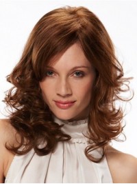 Layered Long Brown Wavy Lace Front Remy Human Hair Wigs With Side Bangs 16 Inches