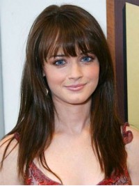 Long Straight Brown Capless Human Hair Wigs With Full Bangs 20 Inches