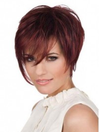 Claret Short Straight Layered Capless Human Hair Wigs With Bangs 6 Inches