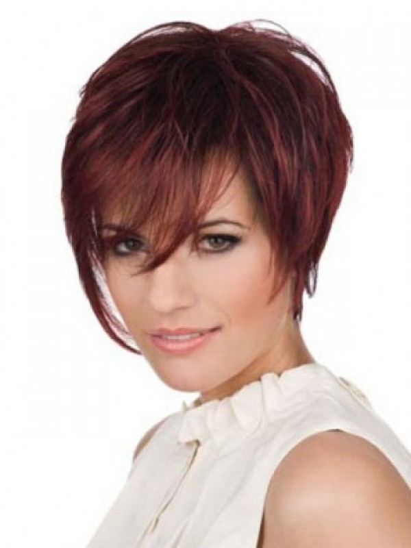 Claret Short Straight Layered Capless Human Hair Wigs With Bangs 6 Inches