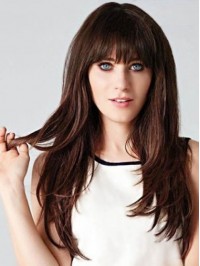 Brown Long Straight Capless Human Hair Wigs With Bangs 24 Inches