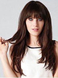 Brown Long Straight Capless Human Hair Wigs With Bangs 24 Inches