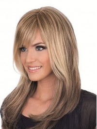 Long Straight Full Lace Remy Human Hair Wigs With Bangs 16 Inches