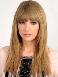 Burnt Yellow Long Straight Capless Remy Human Hair Wigs With Bangs 20 Inches