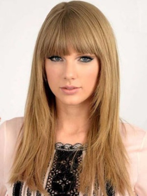 Burnt Yellow Long Straight Capless Remy Human Hair Wigs With Bangs 20 Inches