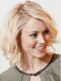 Blonde Short Wavy Lace Front Human Hair Wigs With Side Bangs 12 Inches