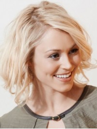 Blonde Short Wavy Lace Front Human Hair Wigs With Side Bangs 12 Inches