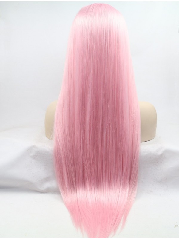 Straight Pink Long Lace Front Synthetic Wigs