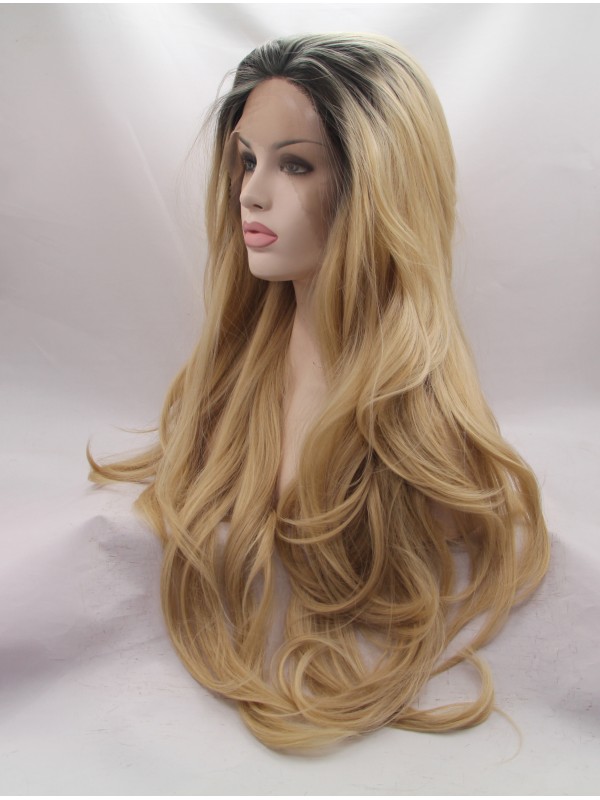 28" Wavy Black Layered Long Lace Front Wigs