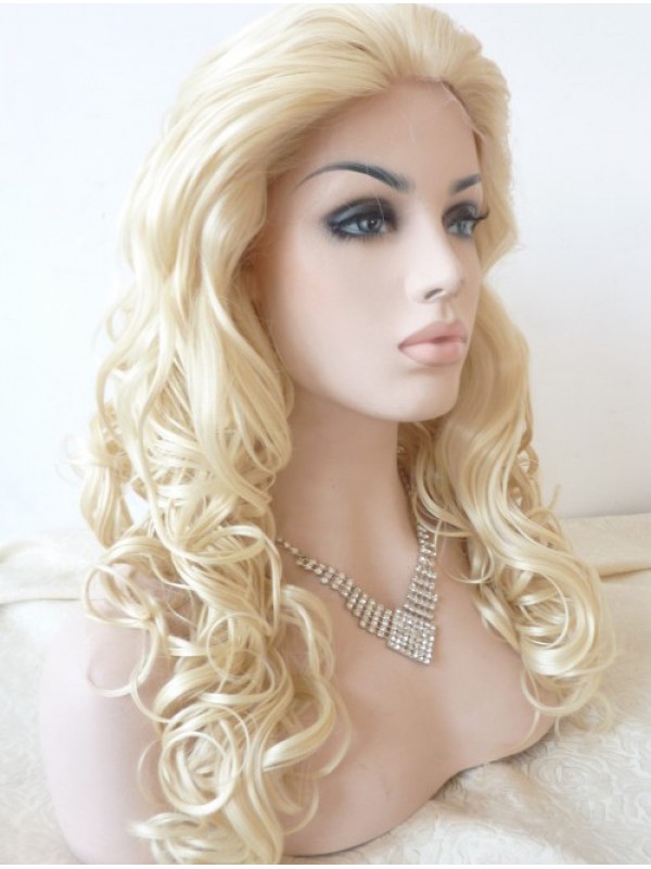 22" Curly Black Lace Front Synthetic Wigs