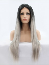 24" Black  Lace Front Straight Synthetic Wigs