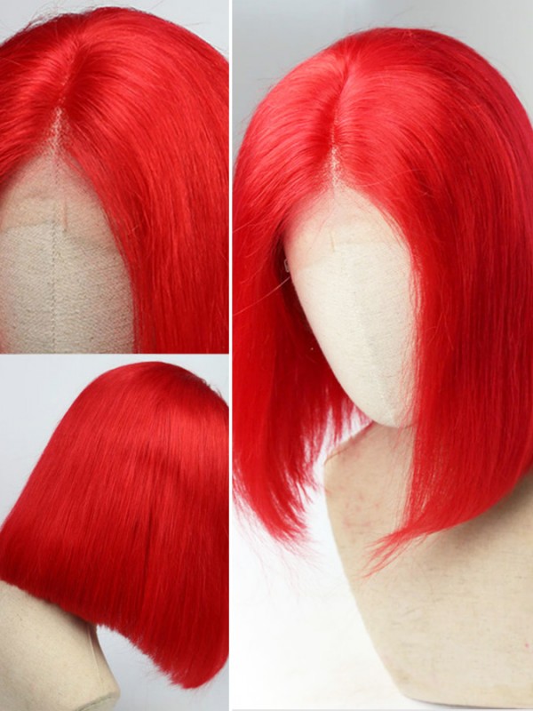 Trendy Medium Straight Red Bob Lace Front Human Hair Wigs