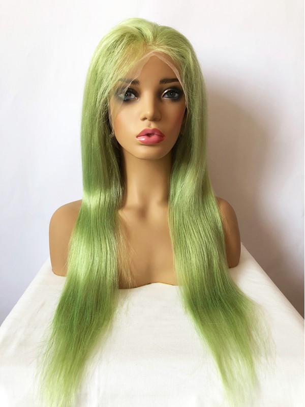 Long Smooth Grass Green Lace Front Human Hair Wigs