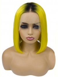 Medium Straight Yellow Bob Lace Front Wigs With Dark Root