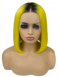 Medium Straight Yellow Bob Lace Front Wigs With Dark Root