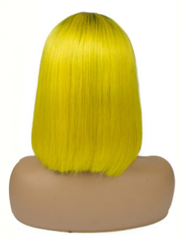 Medium Straight Yellow Bob Lace Front Wigs With Dark Root