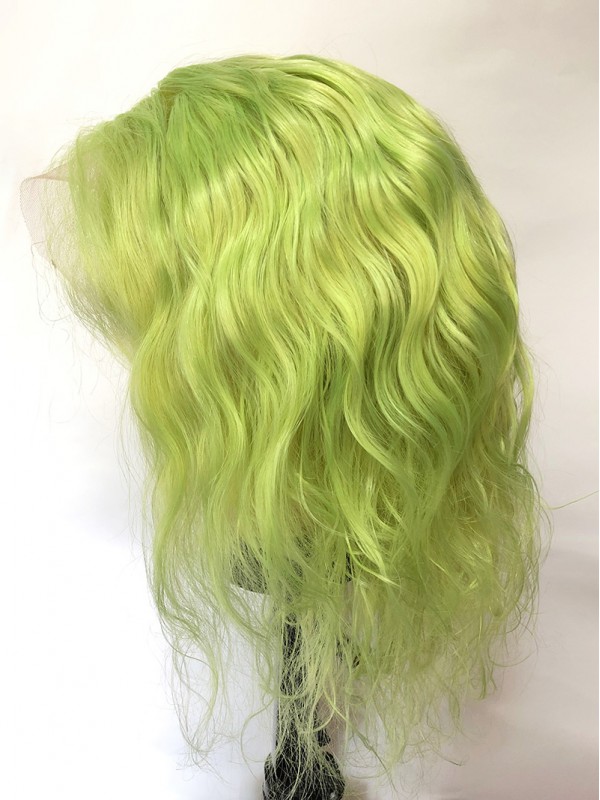Medium Smooth Wavy Grass Green Lace Front Human Hair Wigs