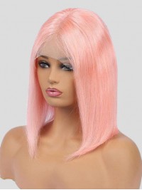 Medium Straight Pale Pink Bob Lace Front Human Hair Wigs