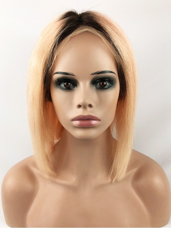 Medium Straight Warm Yellow Bob Lace Front Wigs With Dark Root