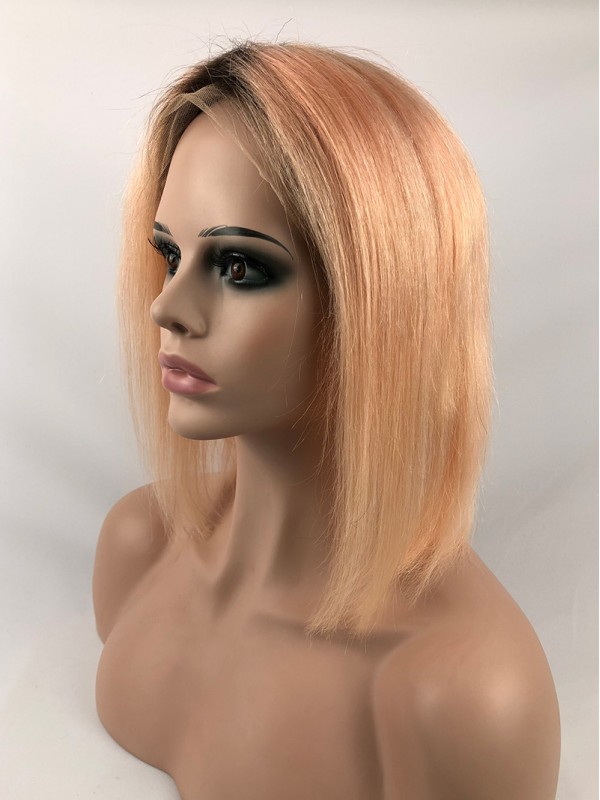 Medium Straight Warm Yellow Bob Lace Front Wigs With Dark Root