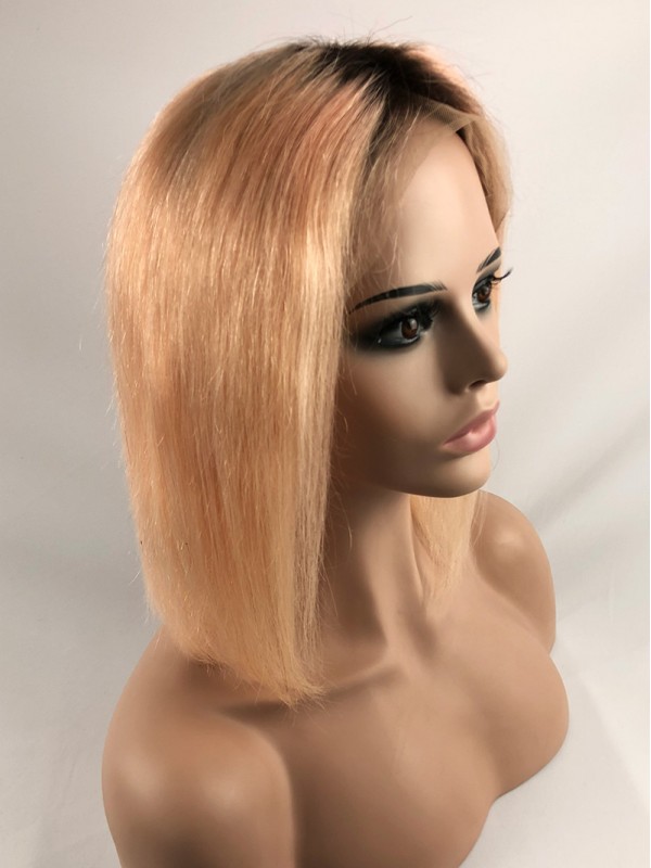Medium Straight Warm Yellow Bob Lace Front Wigs With Dark Root