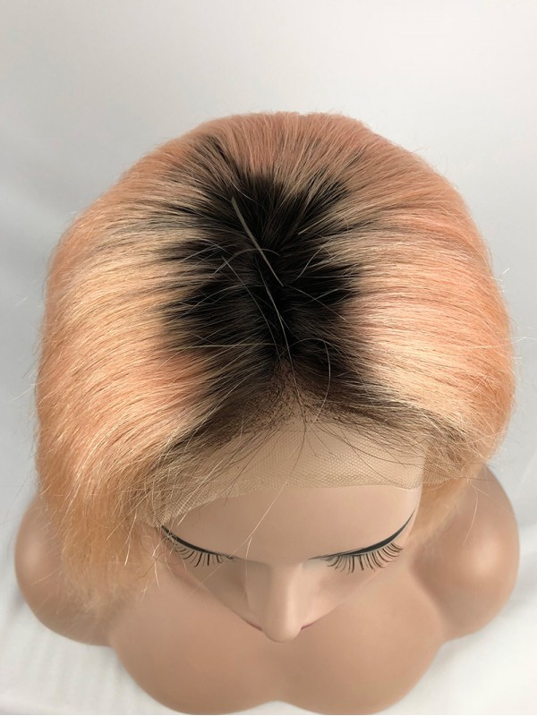 Medium Straight Warm Yellow Bob Lace Front Wigs With Dark Root