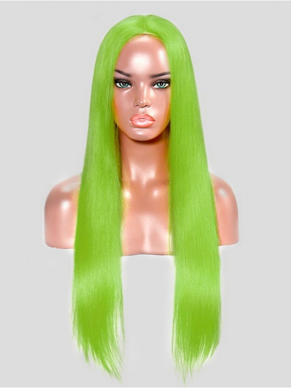 Long Smooth Grass Green Lace Front Human Hair Wigs