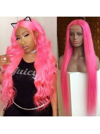 Long Wavy Pink Lace Front Human Hair Wigs With Medium Part