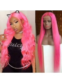 Long Wavy Pink Lace Front Human Hair Wigs With Medium Part
