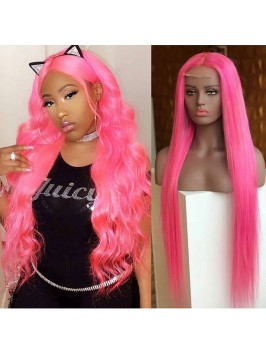 Long Wavy Pink Lace Front Human Hair Wigs With Med...