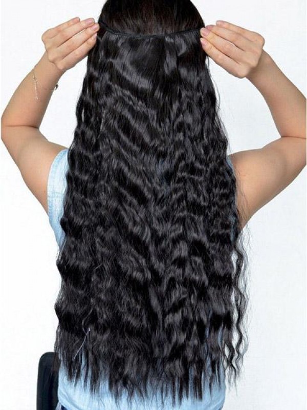 Jet Black Long Corn Wave Curly One Piece Clip In Hair Extensions