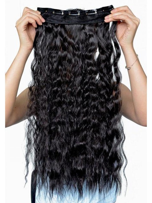 Jet Black Long Corn Wave Curly One Piece Clip In Hair Extensions