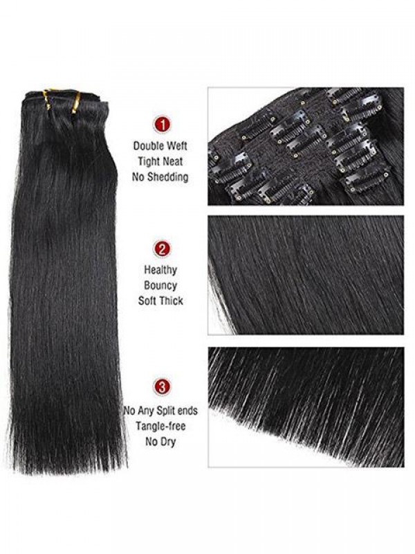 Virgin Clip In Real Human Hair Straight Natural Black 7Pieces