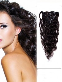 Wavy Dark Brown 7 Pcs Clip In Remy Human Hair Extensions