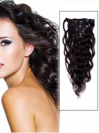 Wavy Dark Brown 7 Pcs Clip In Remy Human Hair Extensions