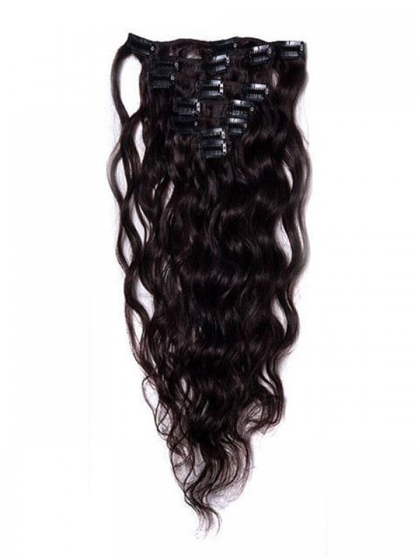 Wavy Dark Brown 7 Pcs Clip In Remy Human Hair Extensions