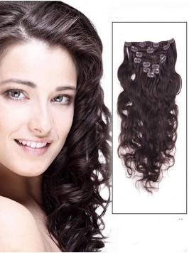 Wavy Dark Brown 9 Pcs Clip In Remy Human Hair Exte...