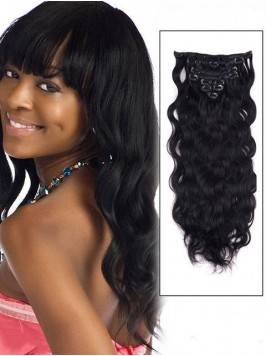 Wavy Jet Black 9 Pcs Clip In Remy Human Hair Exten...