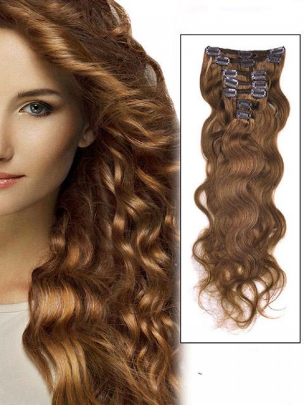 Wavy Light Chestnut 7 Pcs Clip In Remy Human Hair Extensions