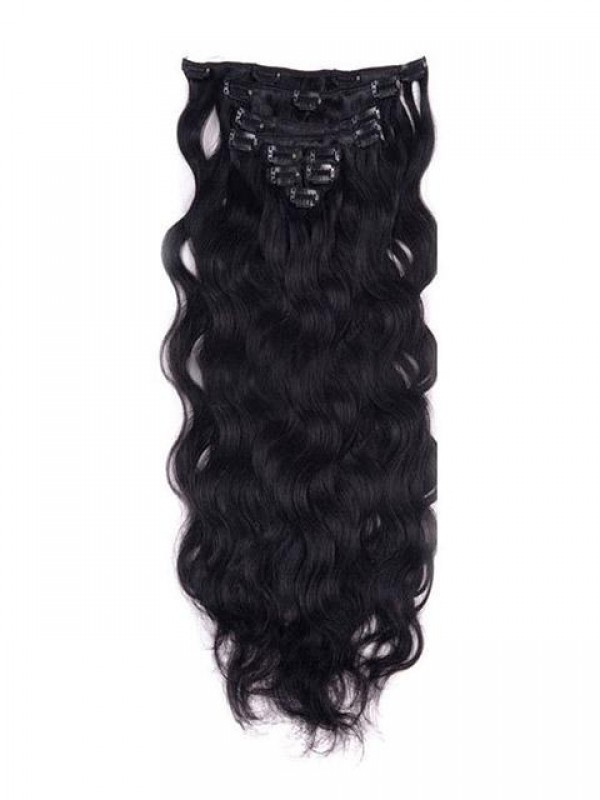 Wavy Jet Black Clip In Human Hair Extensions Human Hair