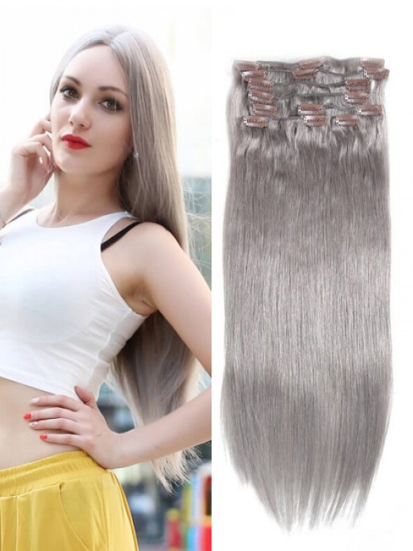 100g Grey Clip In Hair Extensions Cheap Virgin Hair Extensions 8Pcs/set