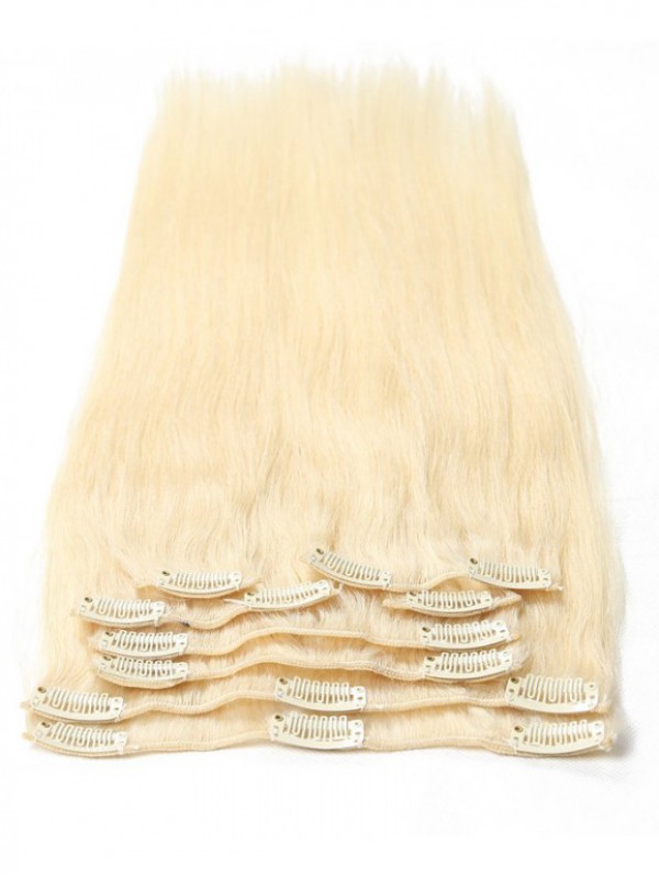 115g Platium Blonde Clip In Hair Cheap Virgin Hair Extensions 8Pcs/set