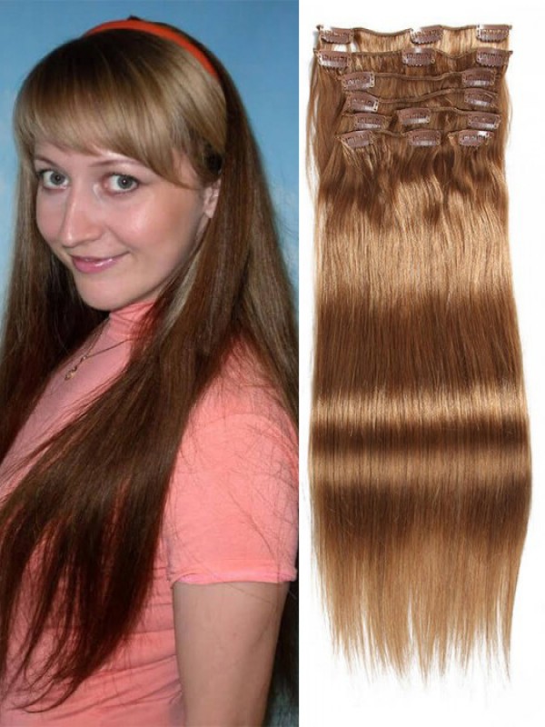 115g Light Brown Virgin Hair Extensions Clip In Hair 8Pcs/set